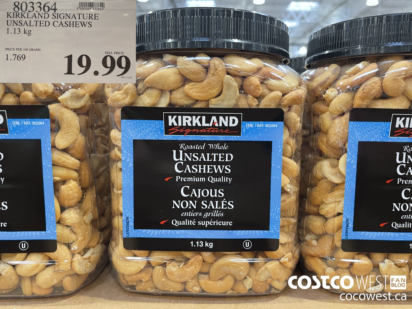 803364 KIRKLAND SIGNATURE UNSALTED CASHEWS 1.13 KG $19.99