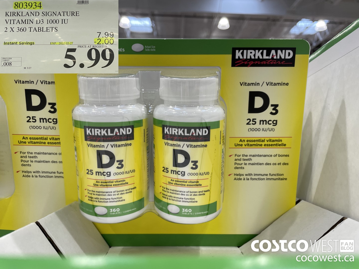 803934 KIRKLAND SIGNATURE VITAMIN D3 1000 IU 2 X 360 TABLETS ($2.00 INSTANT SAVINGS EXPIRES ON 2022-03-27) $5.99