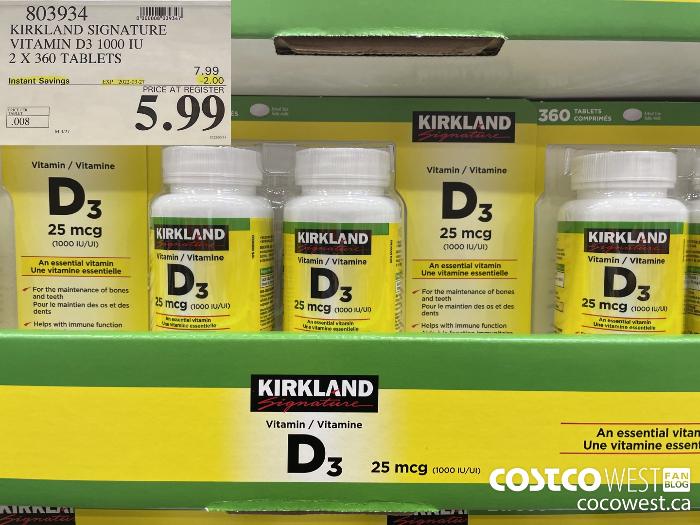 803934 KIRKLAND SIGNATURE VITAMIN D3 1000 IU 2 X 360 TABLETS ($2.00 INSTANT SAVINGS EXPIRES ON 2022-03-27) $5.99