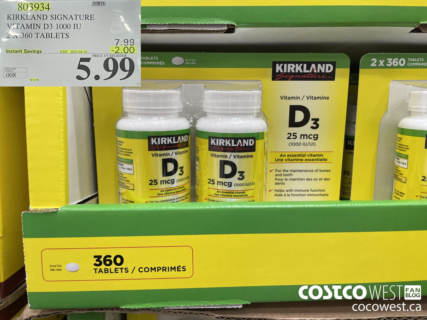 803934 KIRKLAND SIGNATURE VITAMIN D3 1000 IU 2 X 360 TABLETS ($2.00 INSTANT SAVINGS EXPIRES ON 2022-04-10) $5.99