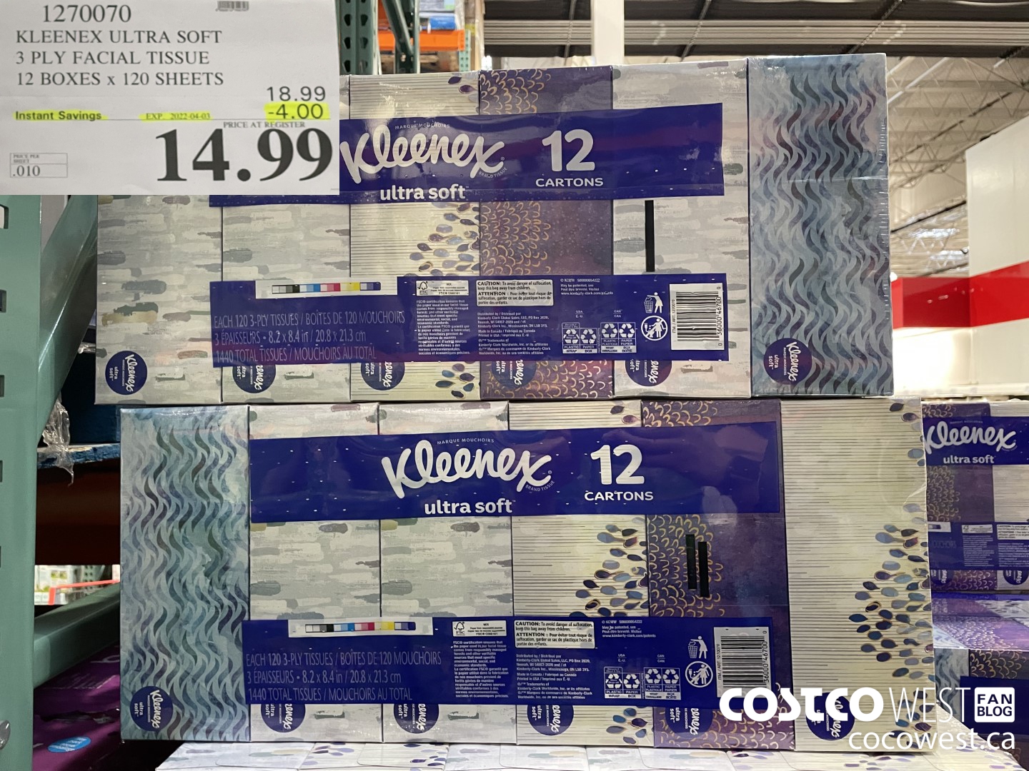 1270070 KLEENEX ULTRA SOFT 3 PLY FACIAL TISSUE 12 BOXES x 120 SHEETS ($4.00 INSTANT SAVINGS EXPIRES ON 2022-04-03) $14.99