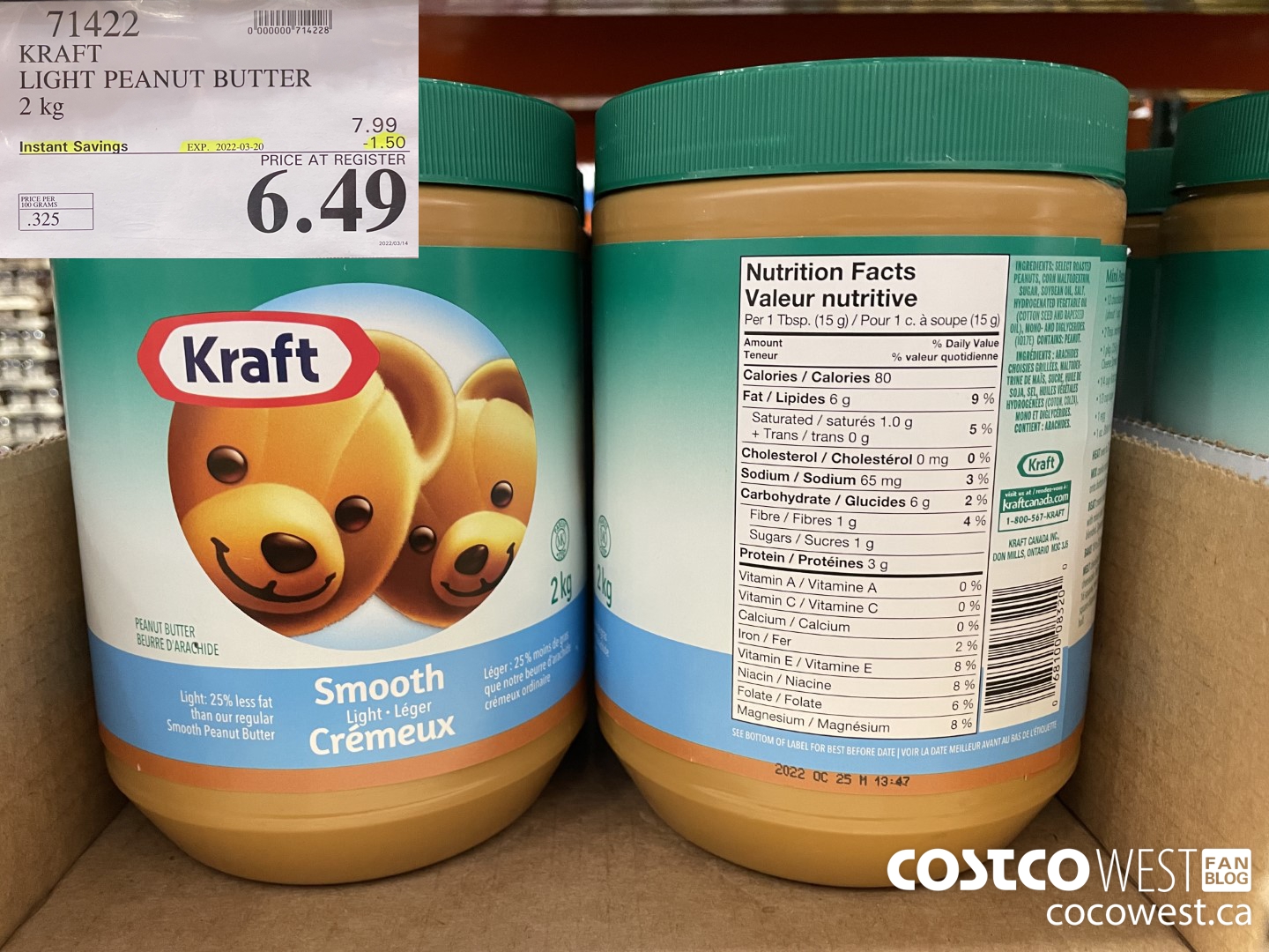 71422 KRAFT LIGHT PEANUT BUTTER 2 kg ($1.50 INSTANT SAVINGS EXPIRES ON 2022-03-20) $6.49
