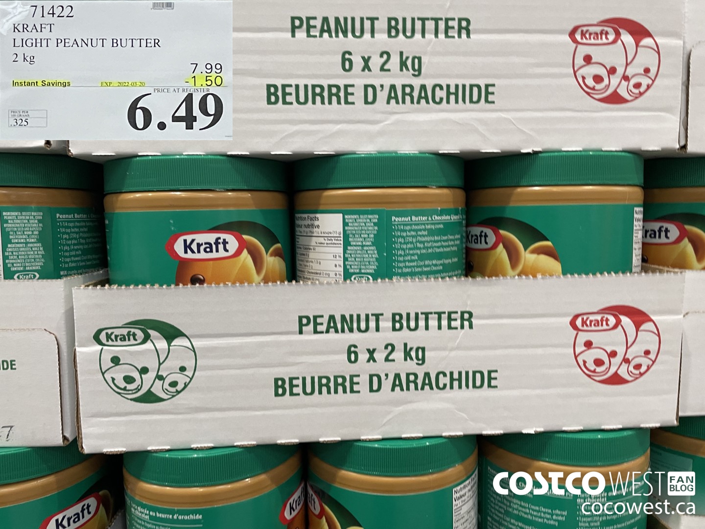 71422 KRAFT LIGHT PEANUT BUTTER 2 kg ($1.50 INSTANT SAVINGS EXPIRES ON 2022-03-20) $6.49