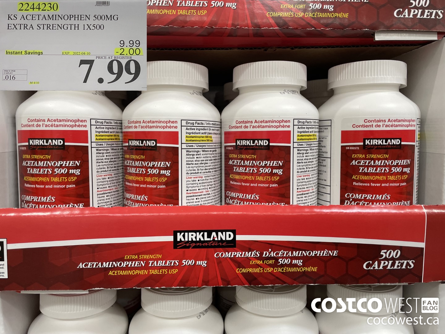 2244230 KS ACETAMINOPHEN S500MG EXTRA STRENGTH 1X500 ($2.00 INSTANT SAVINGS EXPIRES ON 2022-04-10) $7.99