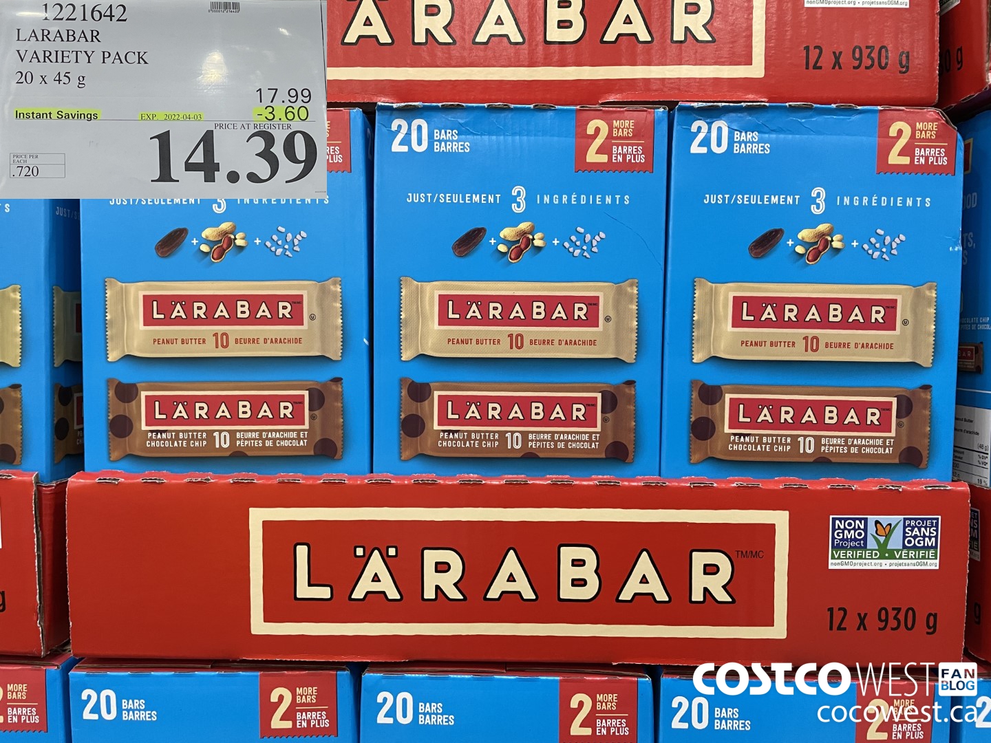1221642 LARABAR VARIETY PACK 20 x 45 g ($3.60 INSTANT SAVINGS EXPIRES ON 2022-04-03) $14.39