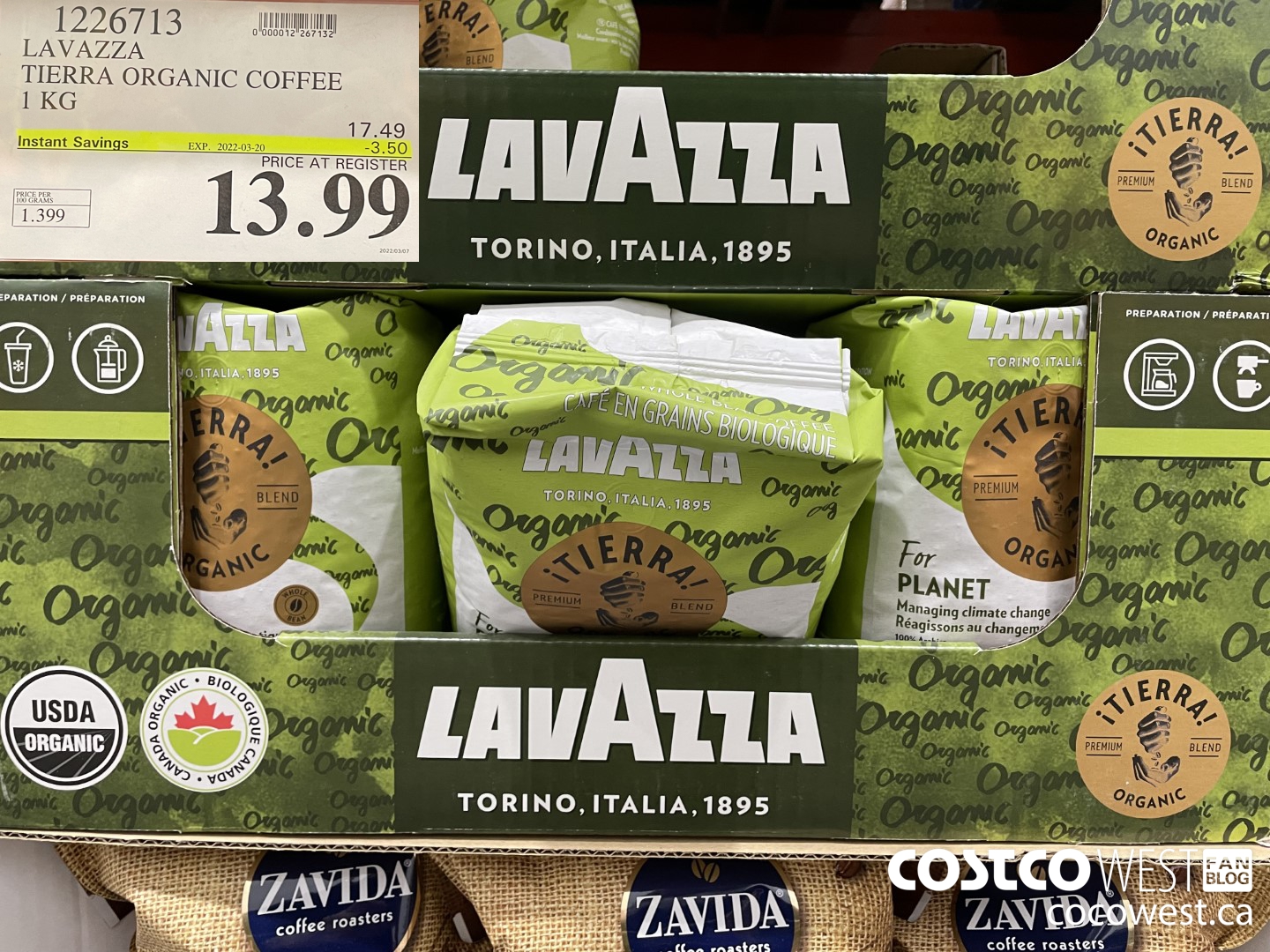 1226713 LAVAZZA TIERRA ORGANIC COFFEE 1KG ($3.50 INSTANT SAVINGS EXPIRES ON 2022-03-20) $13.99