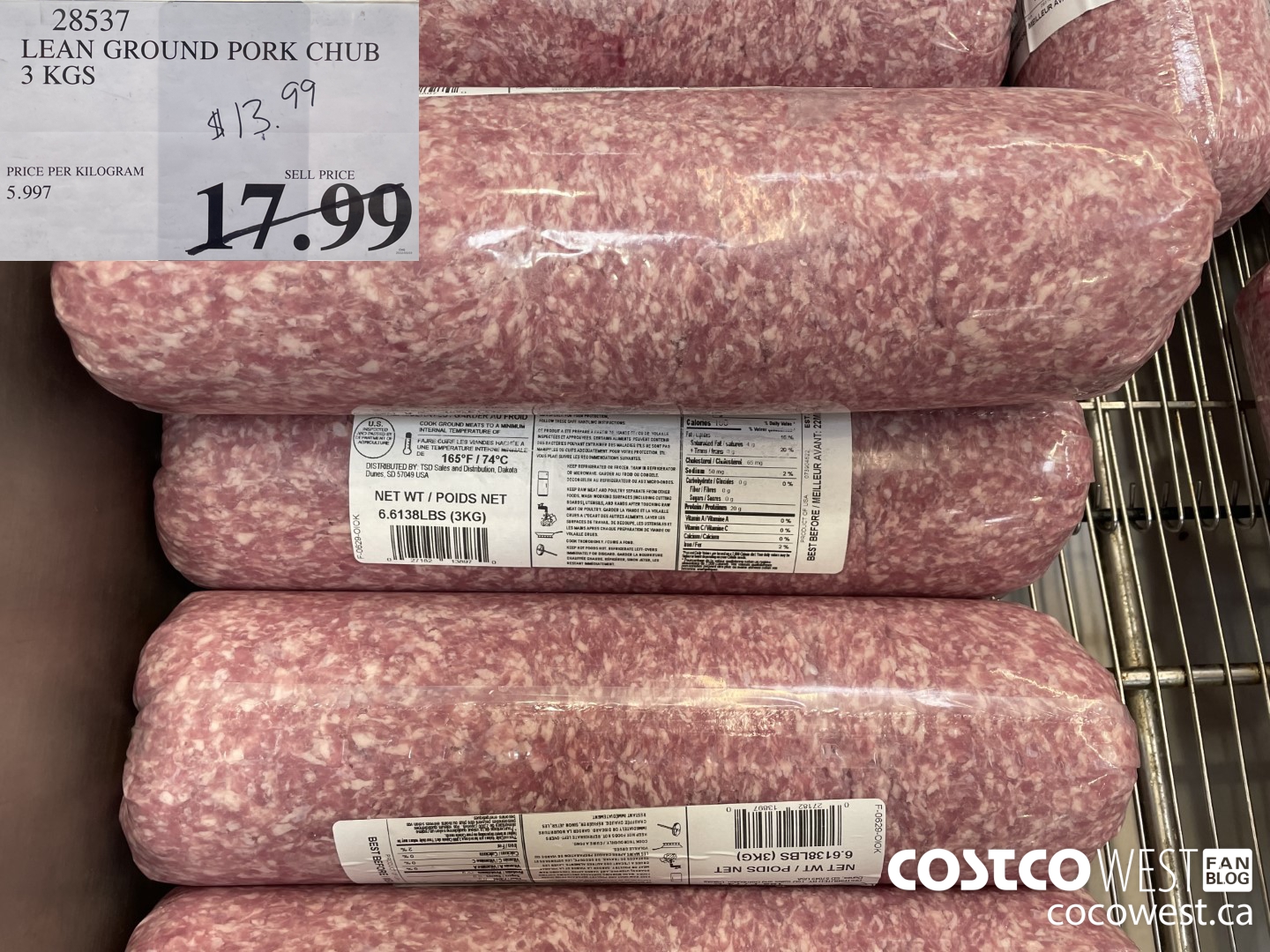 28537 LEAN GROUND PORK CHUB 3KG $13.99