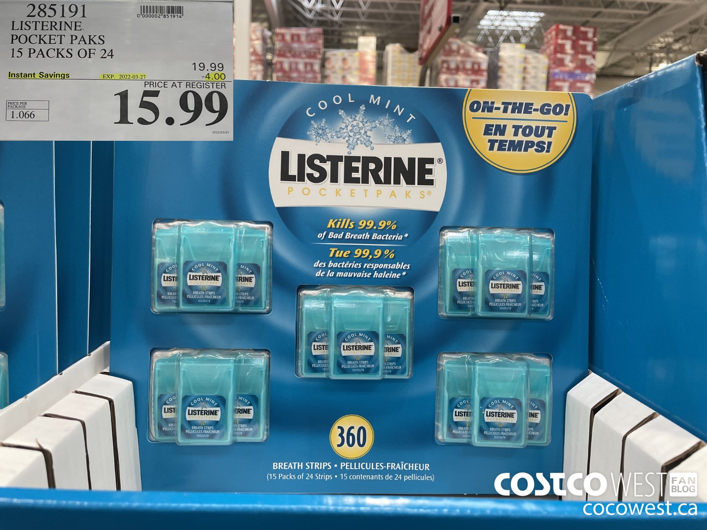 285191 LISTERINE POCKET PAKS 15 PACKS OF 24 ($4.00 INSTANT SAVINGS EXPIRES ON 2022-03-27) $15.99