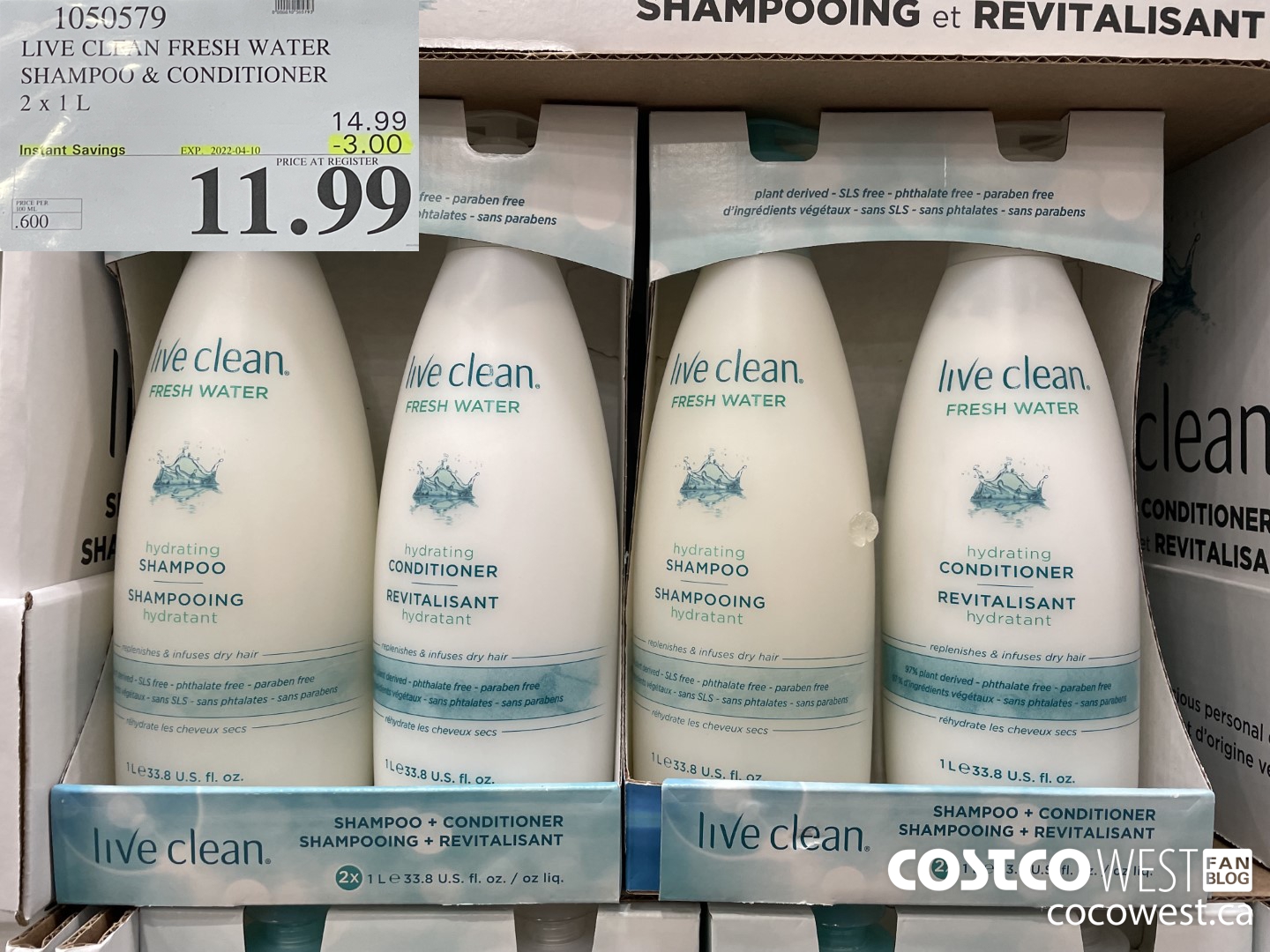 1050579 LIVE CLEAN FRESH WATER SHAMPOO & CONDITIONER 2 X 1L ($3.00 INSTANT SAVINGS EXPIRES ON 2022-04-10) $11.99
