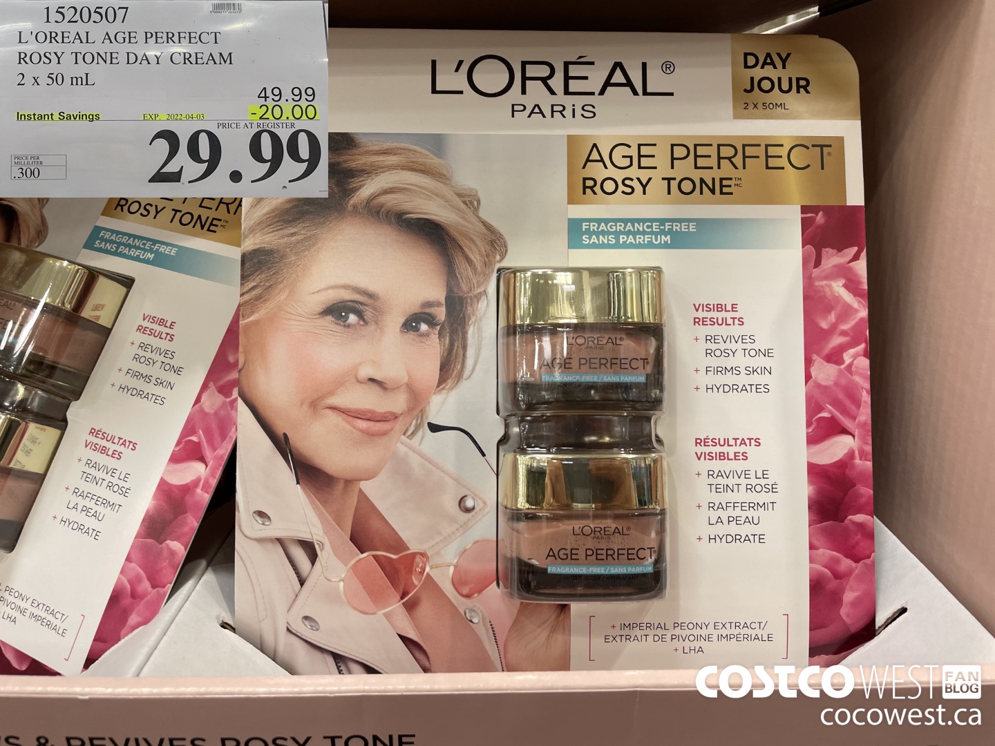 1520507 L'OREAL AGE PERFECT ROSY TONE DAY CREAM 2 x 50 mL ($20.00 INSTANT SAVINGS EXPIRES ON 2022-04-03) $29.99