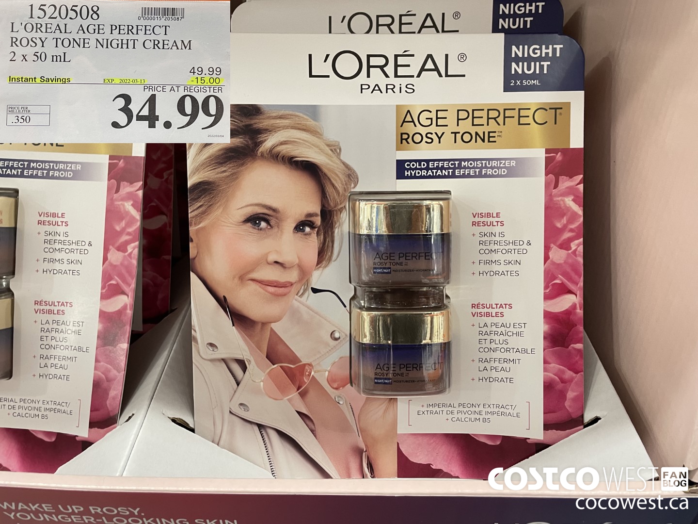 1520508 L'OREAL AGE PERFECT ROSY TONE NIGHT CREAM 2 x 50 mL ($15.00 INSTANT SAVINGS EXPIRES ON 2022-03-13) $34.99