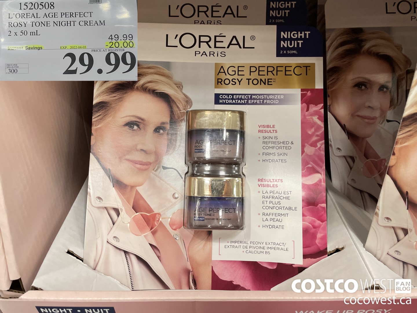1520508 L'OREAL AGE PERFECT ROSY TONE NIGHT CREAM 2 x 50 mL ($20.00 INSTANT SAVINGS EXPIRES ON 2022-04-03) $29.99
