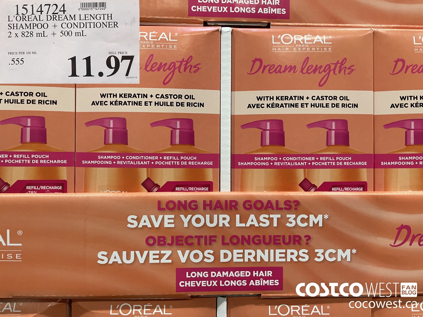 1514724 L'OREAL DREAM LENGTH SHAMPOO + CONDITIONER 2 x 828 mL + 500 mL $11.97