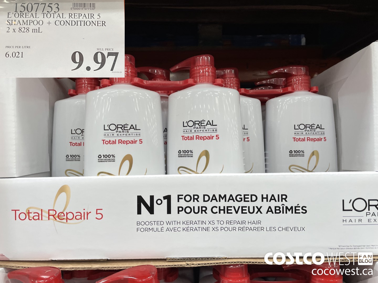 1507753 L'OREAL TOTAL REPAIR 5 SHAMPOO + CONDITIONER 2 x 828 mL $9.97