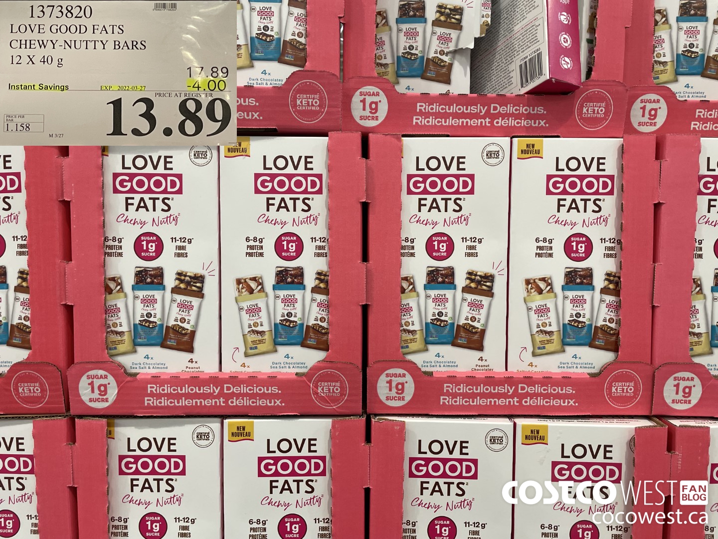 1373820 LOVE GOOD FATS CHEWY-NUTTY BARS 12 X 40G ($4.00 INSTANT SAVINGS EXPIRES ON 2022-03-27) $13.89