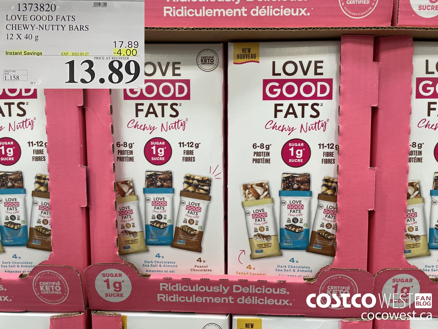 1373820 LOVE GOOD FATS CHEWY-NUTTY BARS 12 X 40G ($4.00 INSTANT SAVINGS EXPIRES ON 2022-03-27) $13.89