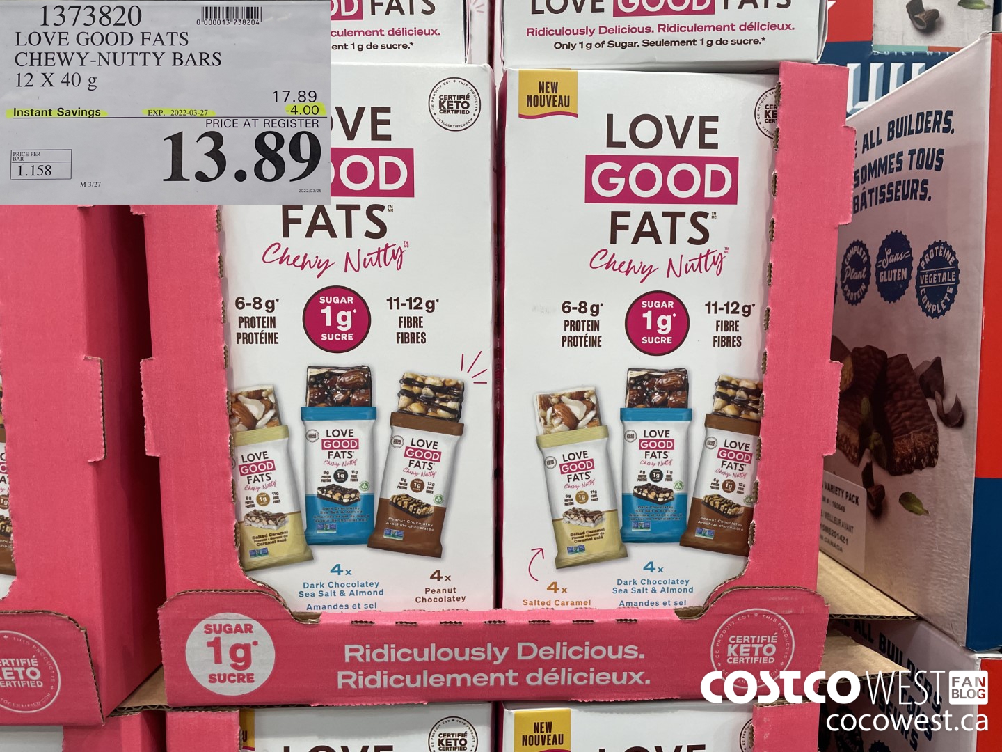 1373820 LOVE GOOD FATS CHEWY-NUTTY BARS 12 X 40G ($4.00 INSTANT SAVINGS EXPIRES ON 2022-03-27) $13.89