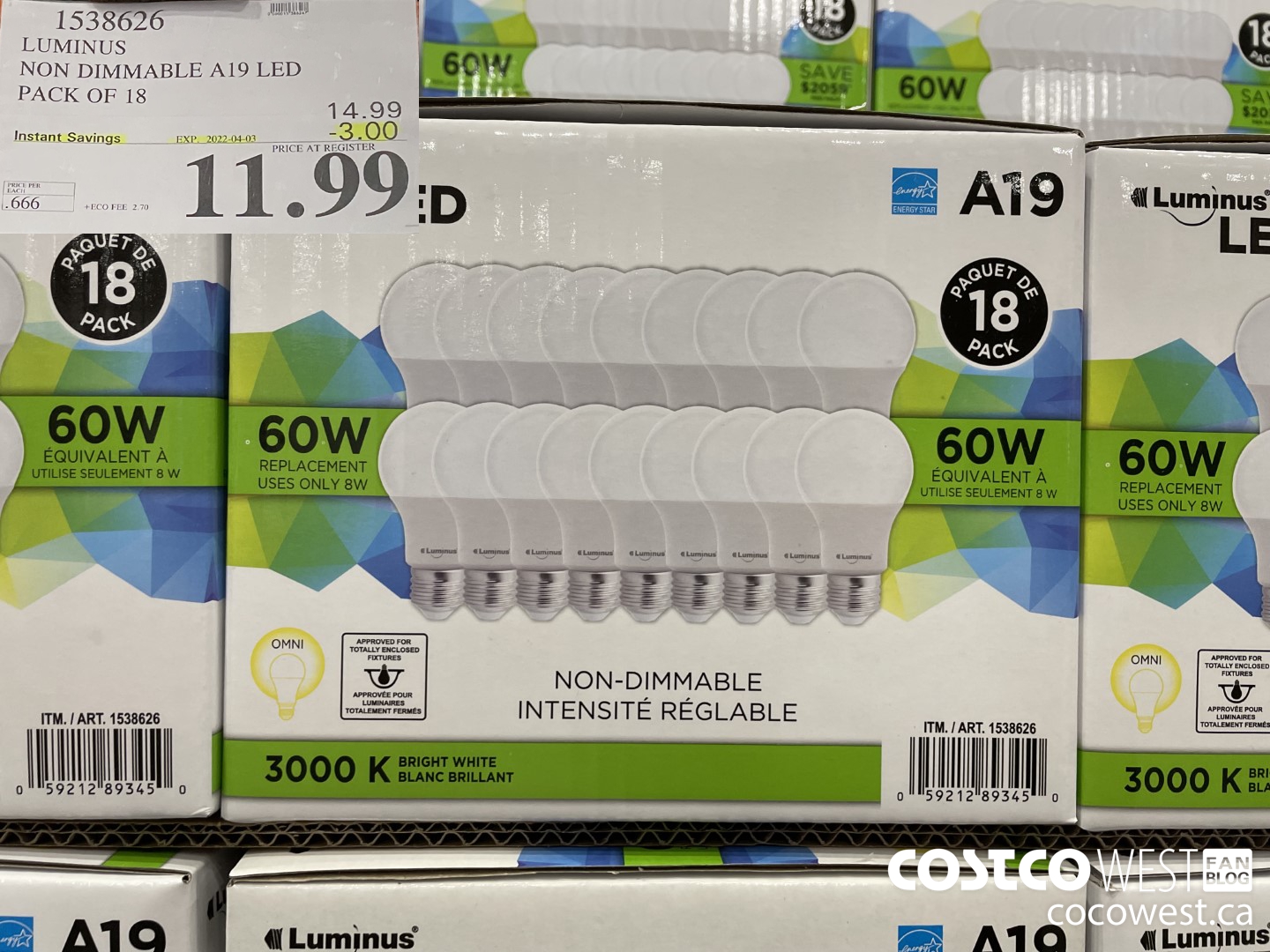 1538626 LUMINUS NON DIMMABLE A19 LED PACK OF 18 ($3.00 INSTANT SAVINGS EXPIRES ON 2022-04-03) $11.99