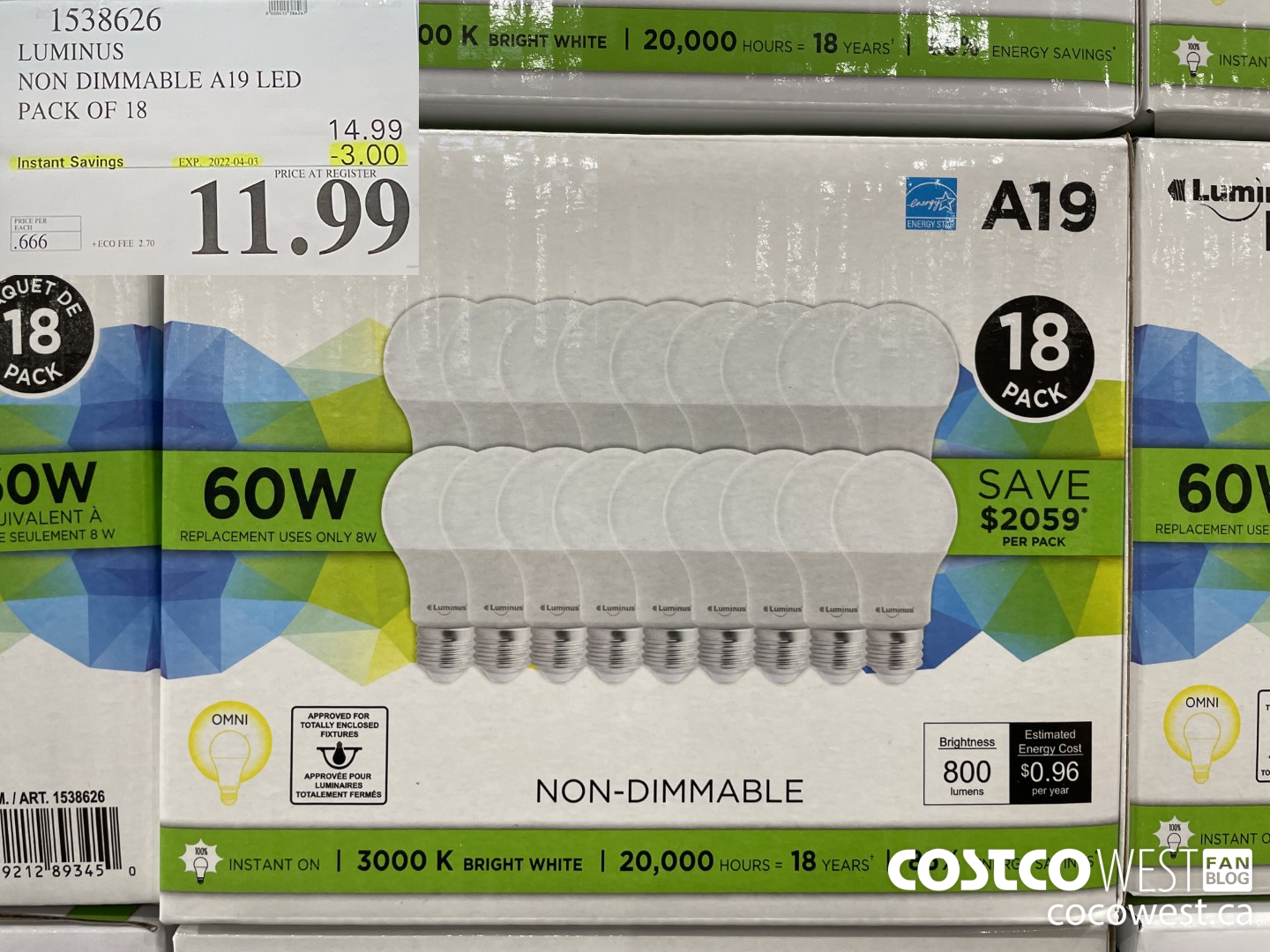 1538626 LUMINUS NON DIMMABLE A19 LED PACK OF 18 ($3.00 INSTANT SAVINGS EXPIRES ON 2022-04-03) $11.99