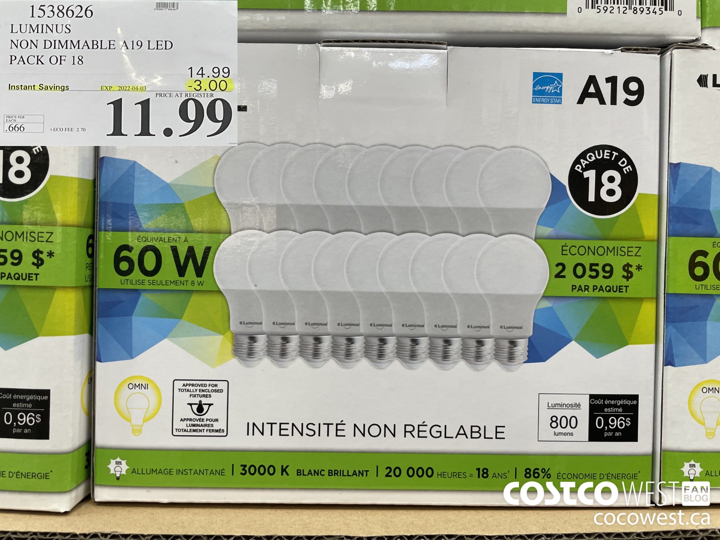 1538626 LUMINUS NON DIMMABLE A19 LED PACK OF 18 ($3.00 INSTANT SAVINGS EXPIRES ON 2022-04-03) $11.99