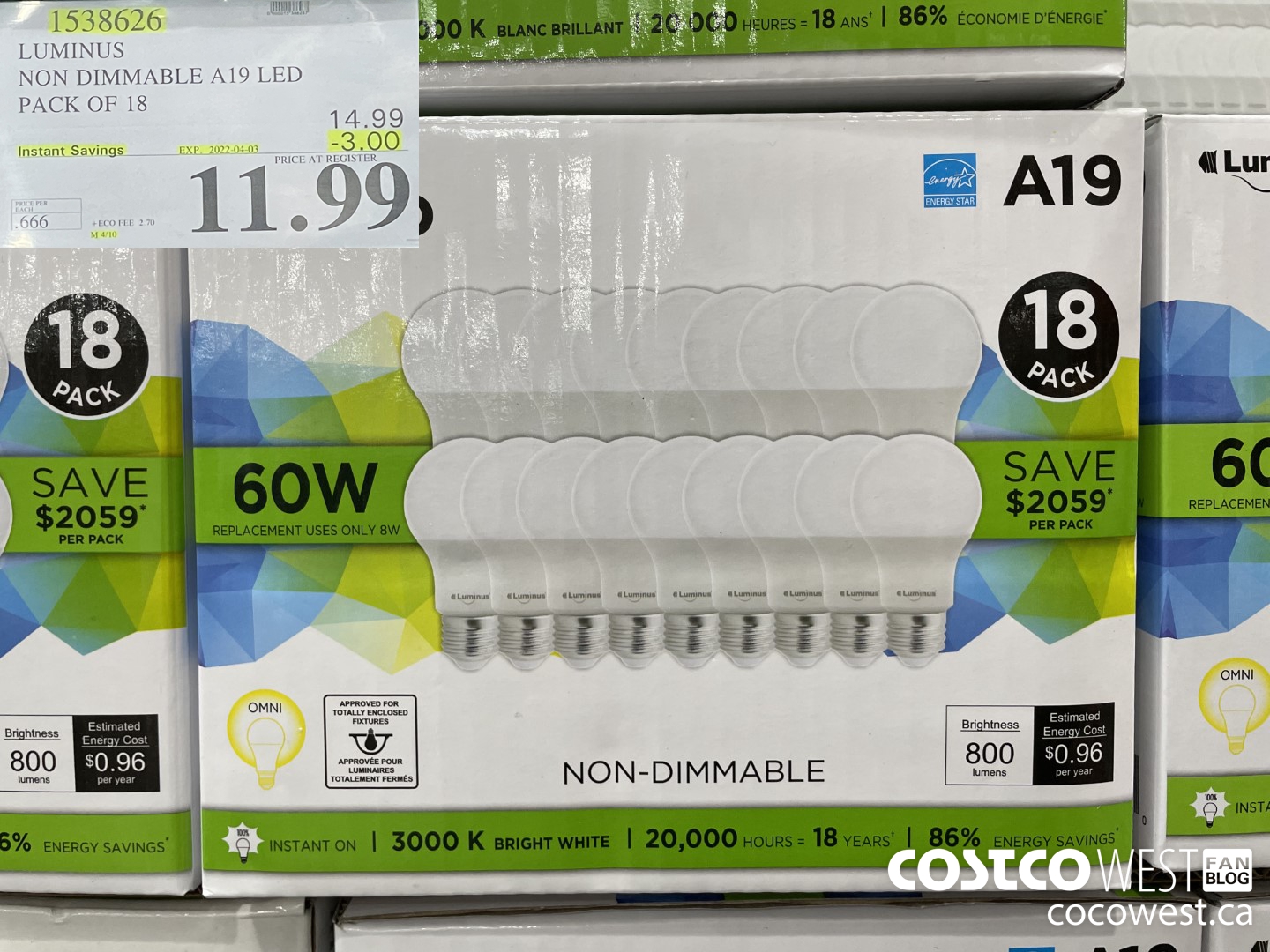 1538626 LUMINUS NON DIMMABLE A19 LED PACK OF 18 ($3.00 INSTANT SAVINGS EXPIRES ON 2022-04-03) $11.99