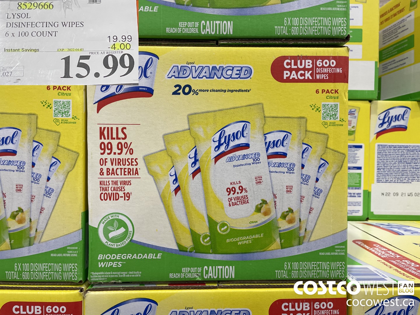 8529666 LYSOL DISINFECTING WIPES 6 x 100 COUNT ($4.00 INSTANT SAVINGS EXPIRES ON 2022-04-03) $15.99