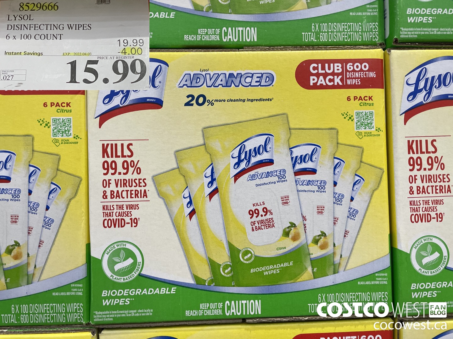 8529666 LYSOL DISINFECTING WIPES 6 x 100 COUNT  ($4.00 INSTANT SAVINGS EXPIRES ON 2022-04-03) $15.99