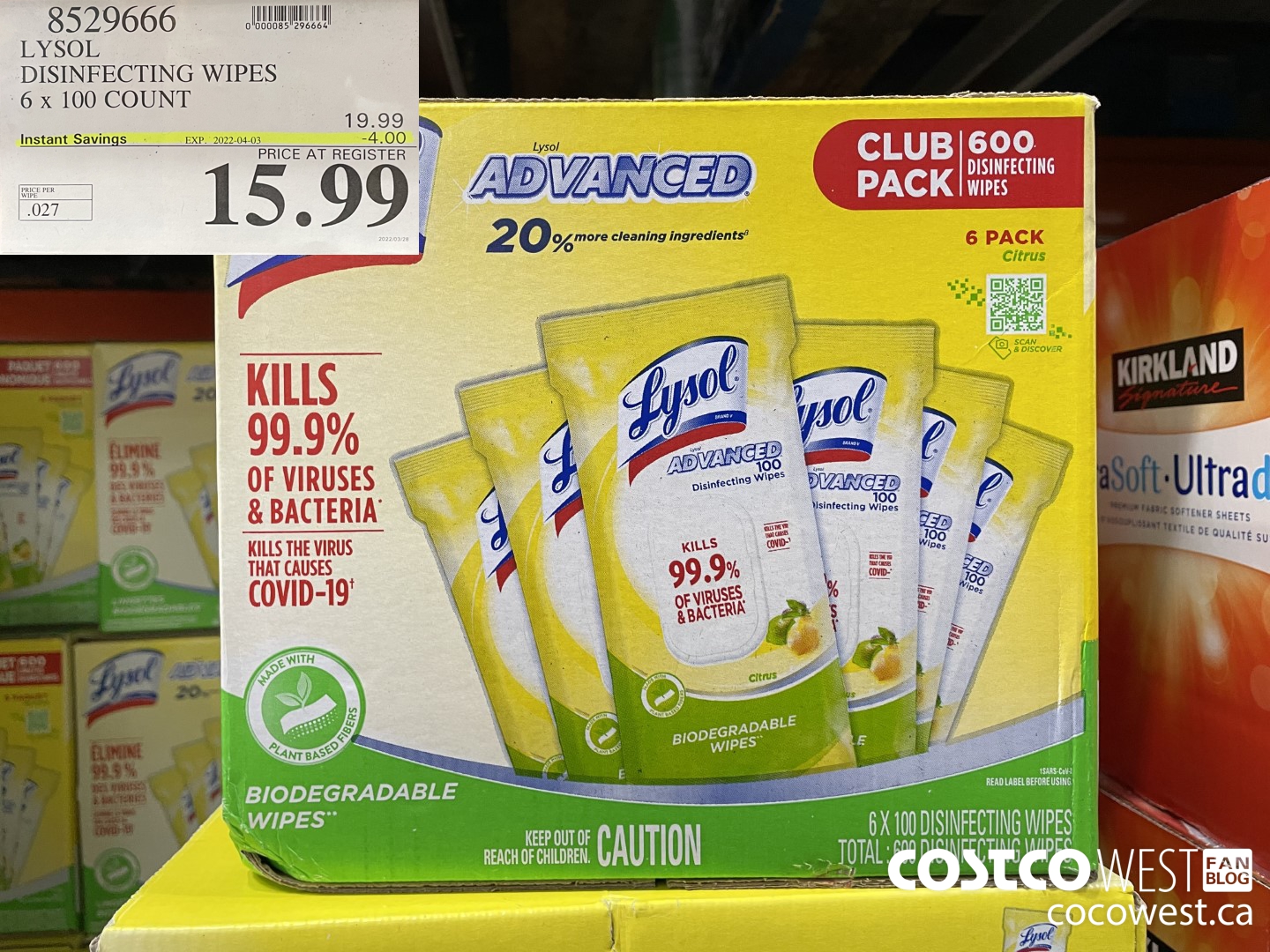 8529666 LYSOL DISINFECTING WIPES 6 x 100 COUNT  ($4.00 INSTANT SAVINGS EXPIRES ON 2022-04-03) $15.99