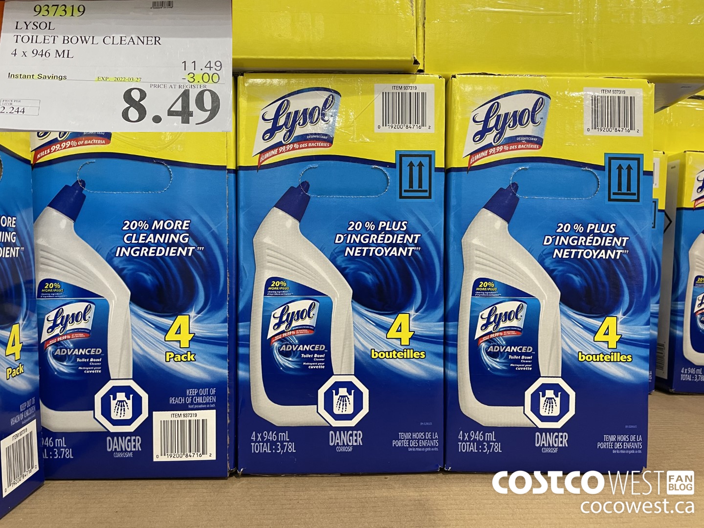 937319 LYSOL TOILET BOWL CLEANER 4 x 946 ML ($3.00 INSTANT SAVINGS EXPIRES ON 2022-03-27) $8.49