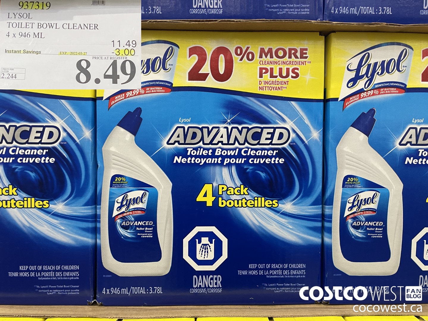 937319 LYSOL TOILET BOWL CLEANER 4 x 946 ML ($3.00 INSTANT SAVINGS EXPIRES ON 2022-03-27) $8.49