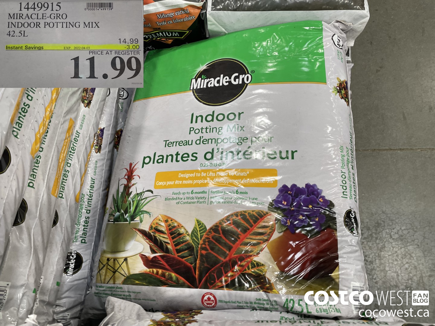 1449915 MIRACLE-GRO INDOOR POTTING MIX 42.5L ($3.00 INSTANT SAVINGS EXPIRES ON 2022-04-03) $11.99