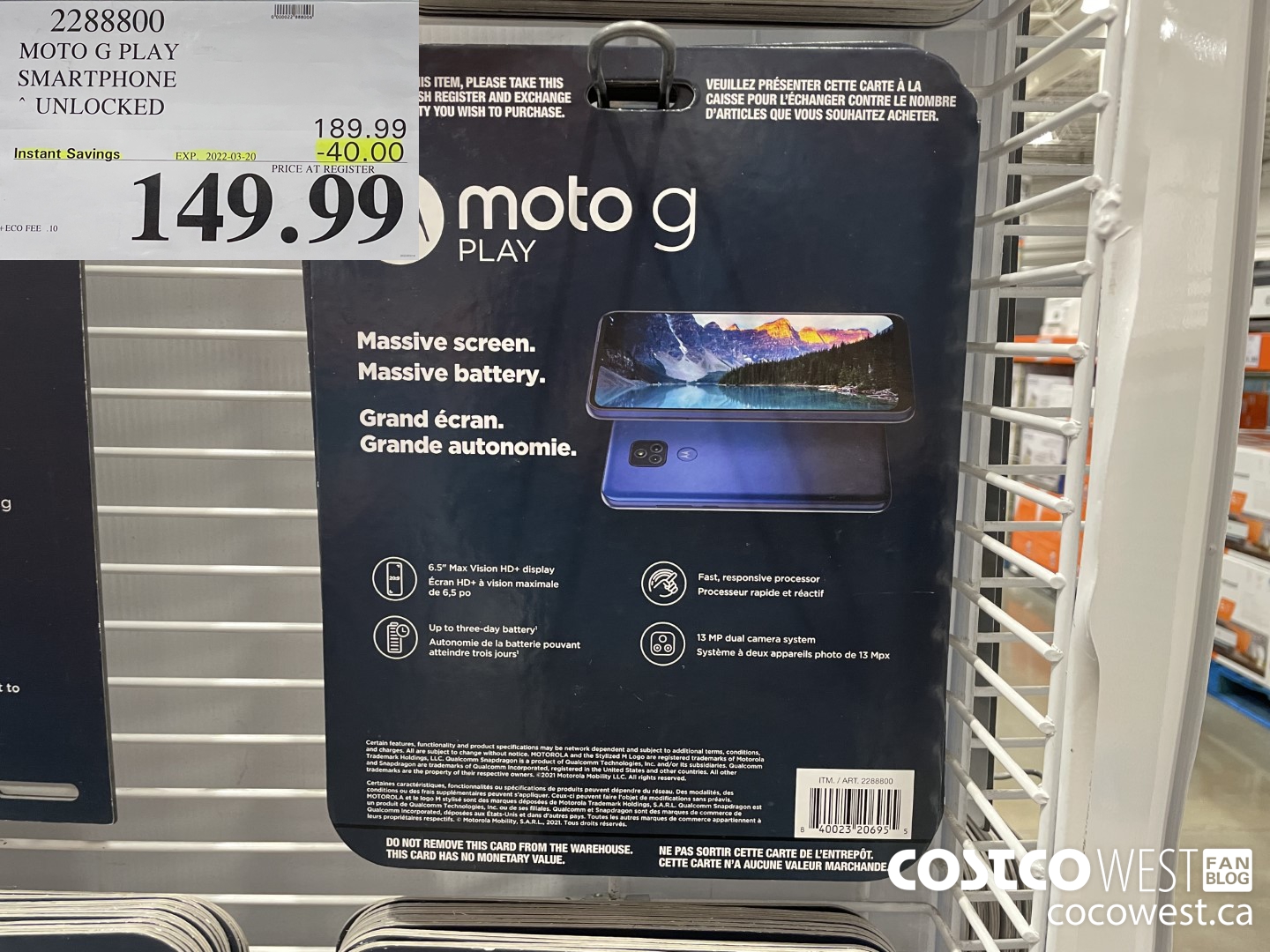 2288800 MOTO G PLAY SMARTPHONE UNLOCKED ($40.00 INSTANT SAVINGS EXPIRES ON 2022-03-20) $149.99