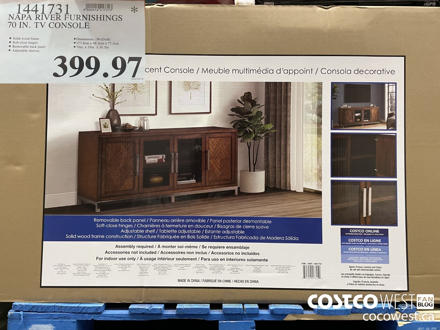 1441731 NAPA RIVER FURNISHINGS 70 IN. TV CONSOLE  $399.97