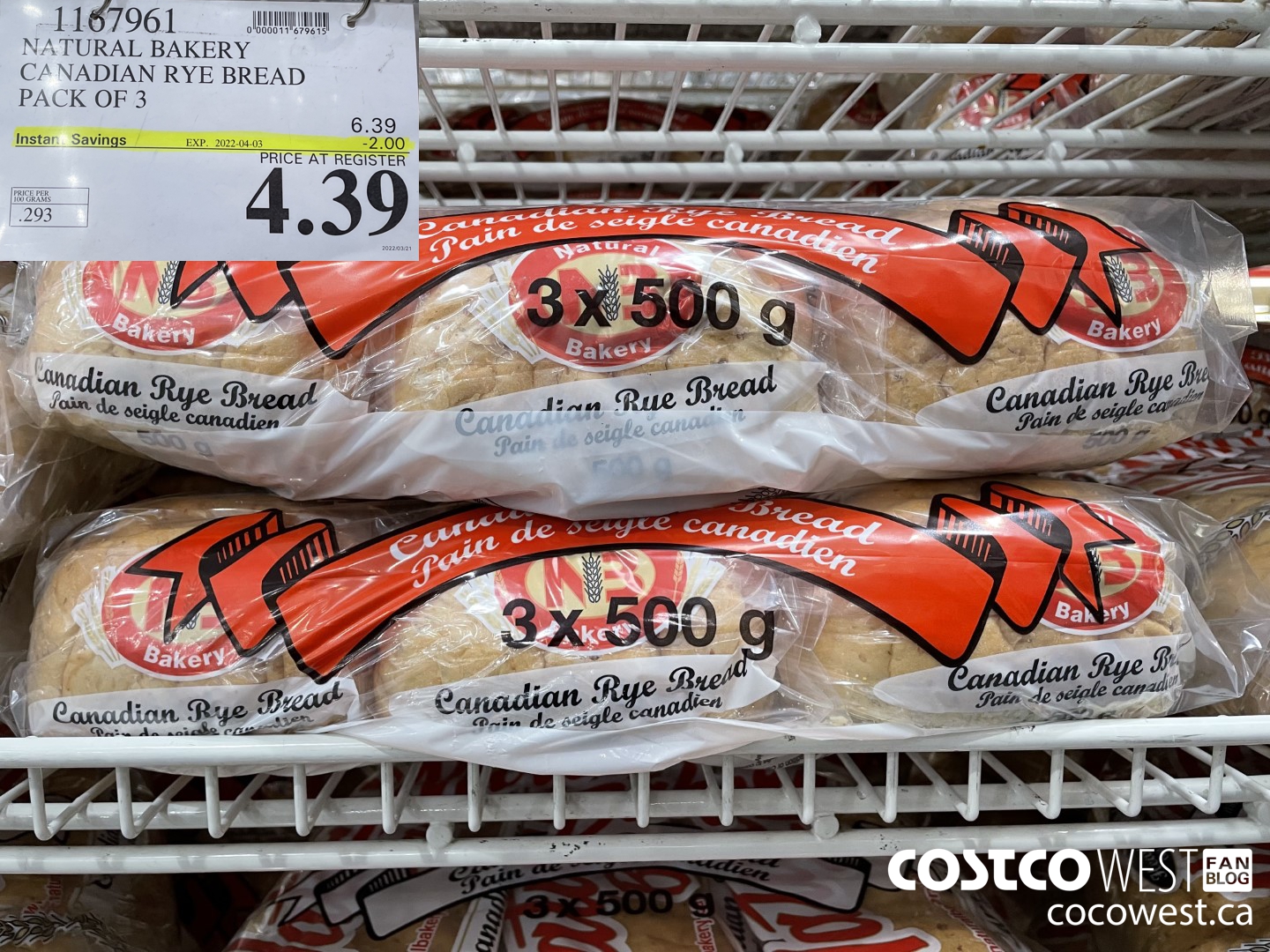 1167961 NATURAL BAKERY CANADIAN RYE BREAD PACK OF 3 ($2.00 INSTANT SAVINGS EXPIRES ON 2022-04-03) $4.39