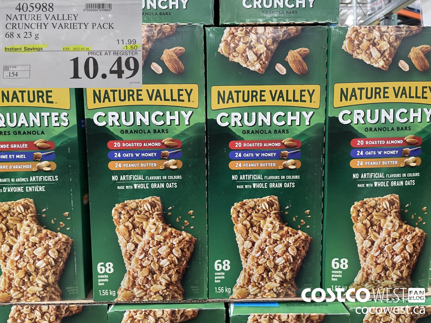 405988 NATURE VALLEY CRUNCHY VARIETY PACK PACK OF 68  ($1.50 INSTANT SAVINGS EXPIRES ON 2022-03-16) $10.49