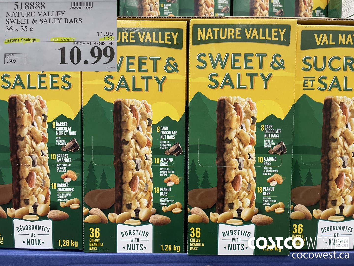 518888 NATURE VALLEY SWEET & SALTY BARS 36 X 35 G  ($1.00 INSTANT SAVINGS EXPIRES ON 2022-03-16) $10.99