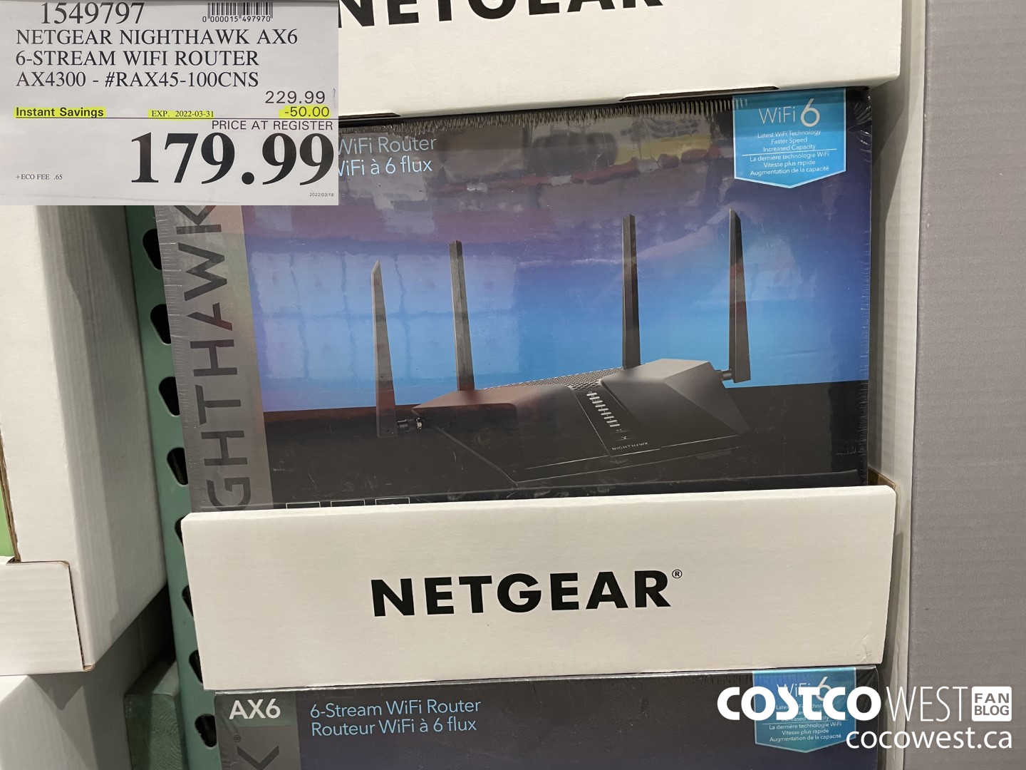 1549797 NETGEAR NIGHTHAWK AX6 6-STREAM WIFI ROUTER AX4300 - #RAX45-100CNS ($50.00 INSTANT SAVINGS EXPIRES ON 2022-03-31) $179.99