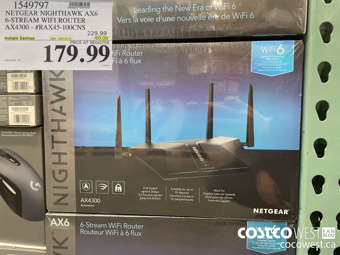 1549797 NETGEAR NIGHTHAWK AX6 6-STREAM WIFI ROUTER AX4300 - #RAX45-100CNS ($50.00 INSTANT SAVINGS EXPIRES ON 2022-03-31) $179.99