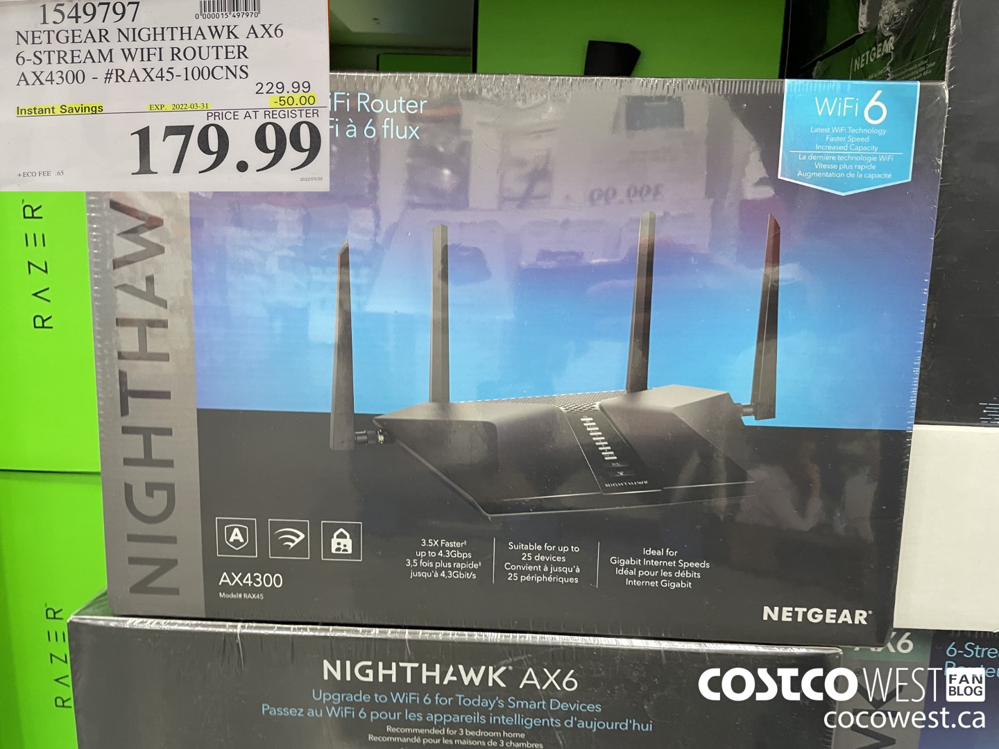 1549797 NETGEAR NIGHTHAWK AX6 6-STREAM WIFI ROUTER AX4300 - #RAX45-100CNS ($50.00 INSTANT SAVINGS EXPIRES ON 2022-03-31) $179.99