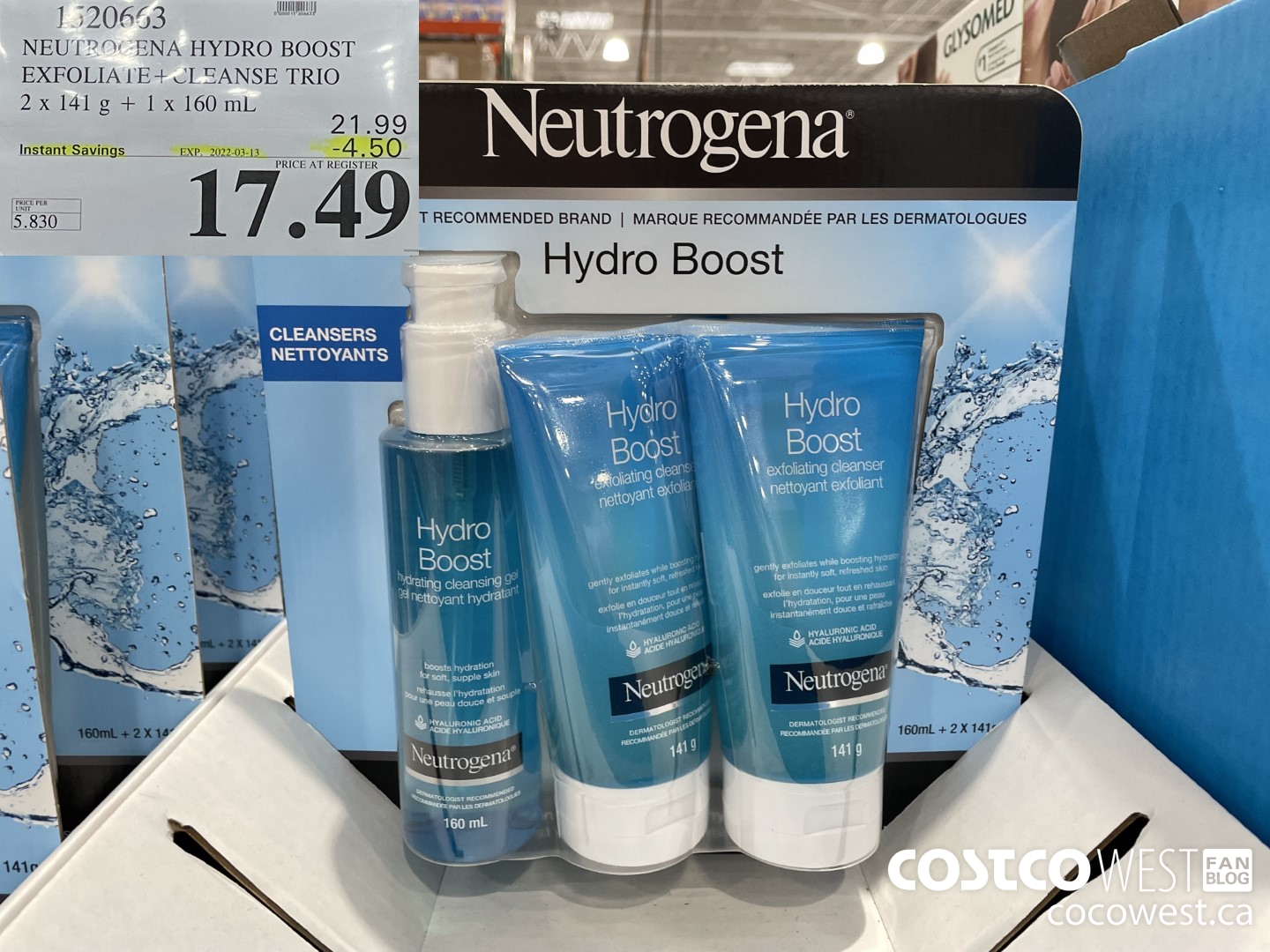 1520663 NEUTROGENA HYDRO BOOST EXFOLIATE+CLEANSE TRIO 2 x 141 g + 1 x 160 mL ($4.50 INSTANT SAVINGS EXPIRES ON 2022-03-13) $17.49