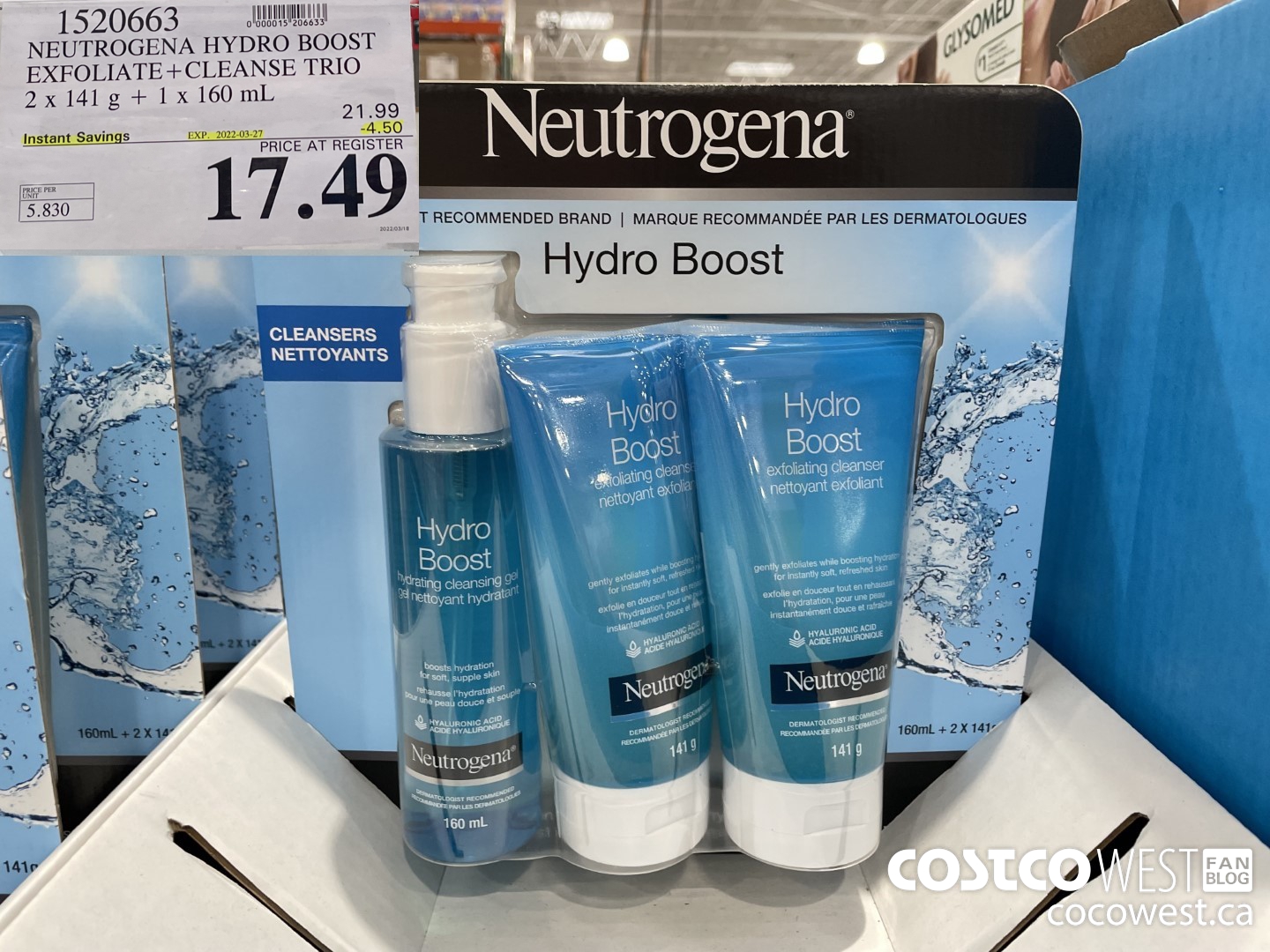 1520663 NEUTROGENA HYDRO BOOST EXFOLIATE+CLEANSE TRIO 2 x 141 g + 1 x 160 mL ($4.50 INSTANT SAVINGS EXPIRES ON 2022-03-27) $17.49