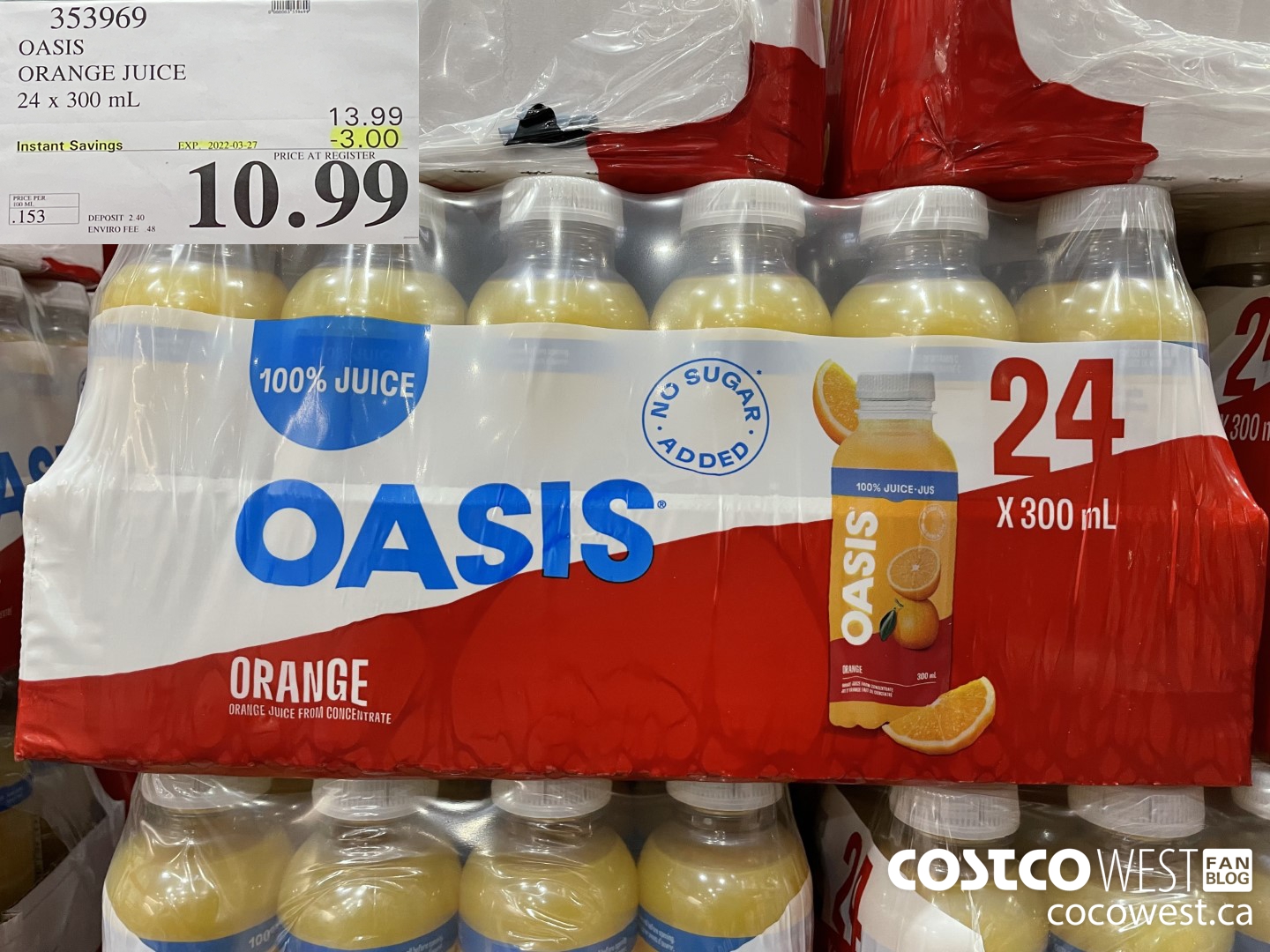 353969 OASIS ORANGE JUICE 24 x 300 mL ($3.00 INSTANT SAVINGS EXPIRES ON 2022-03-27) $10.99