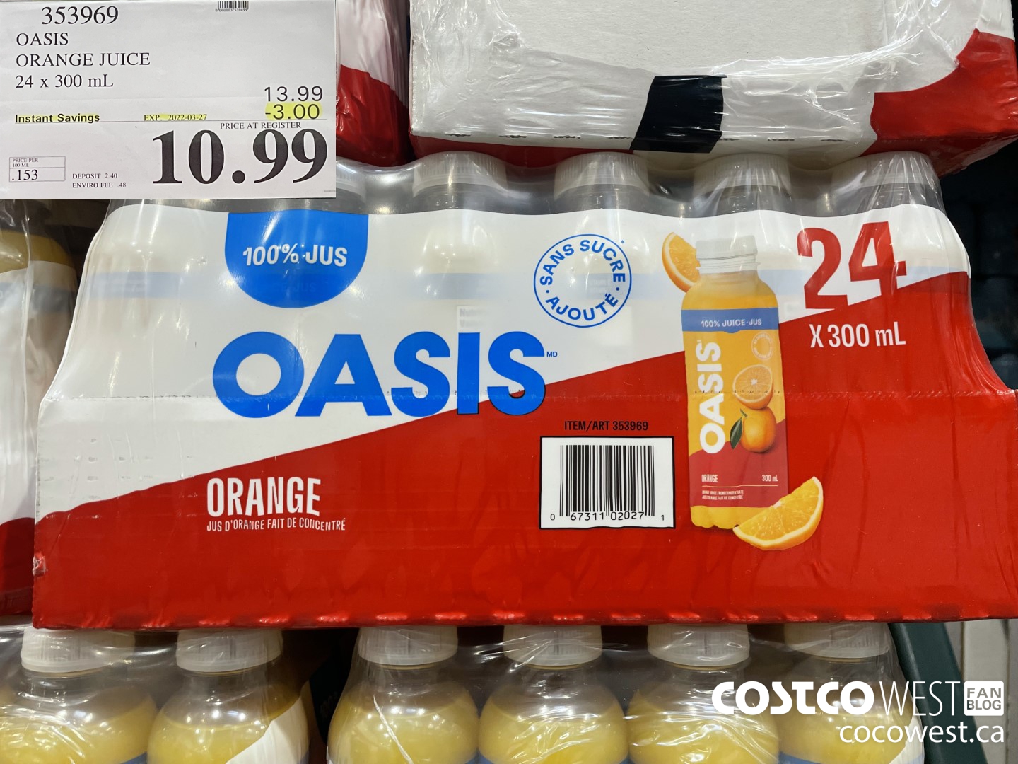 353969 OASIS ORANGE JUICE 24 x 300 mL ($3.00 INSTANT SAVINGS EXPIRES ON 2022-03-27) $10.99