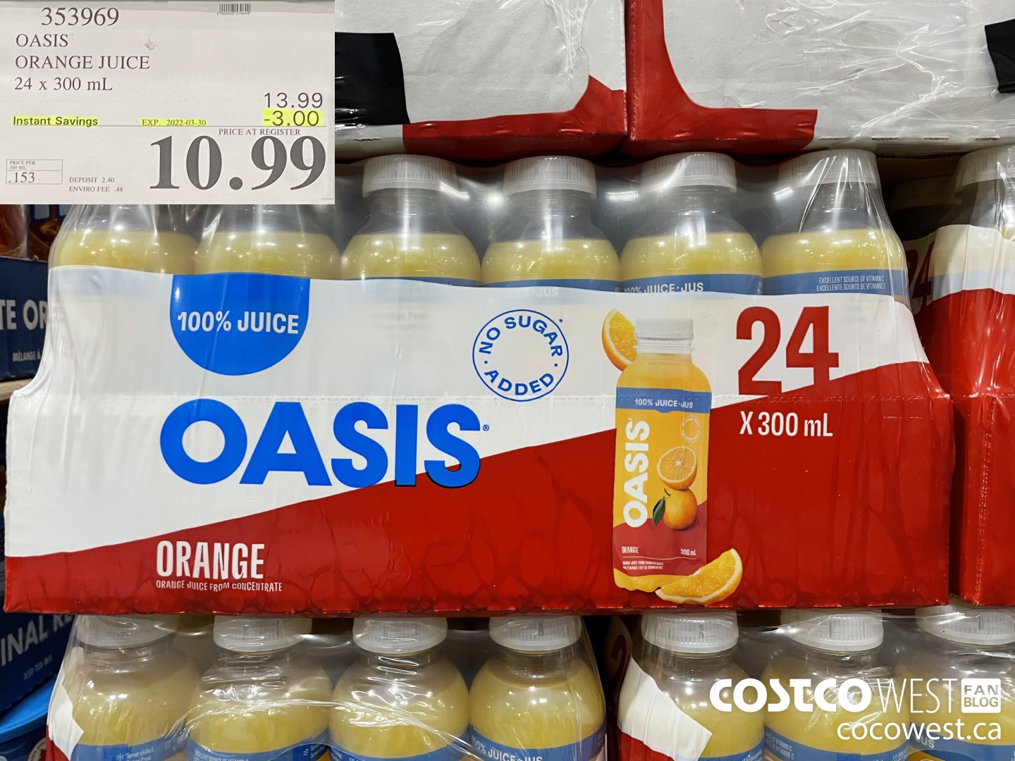 353969 OASIS ORANGE JUICE 24 x 300 mL ($3.00 INSTANT SAVINGS EXPIRES ON 2022-03-30) $10.99