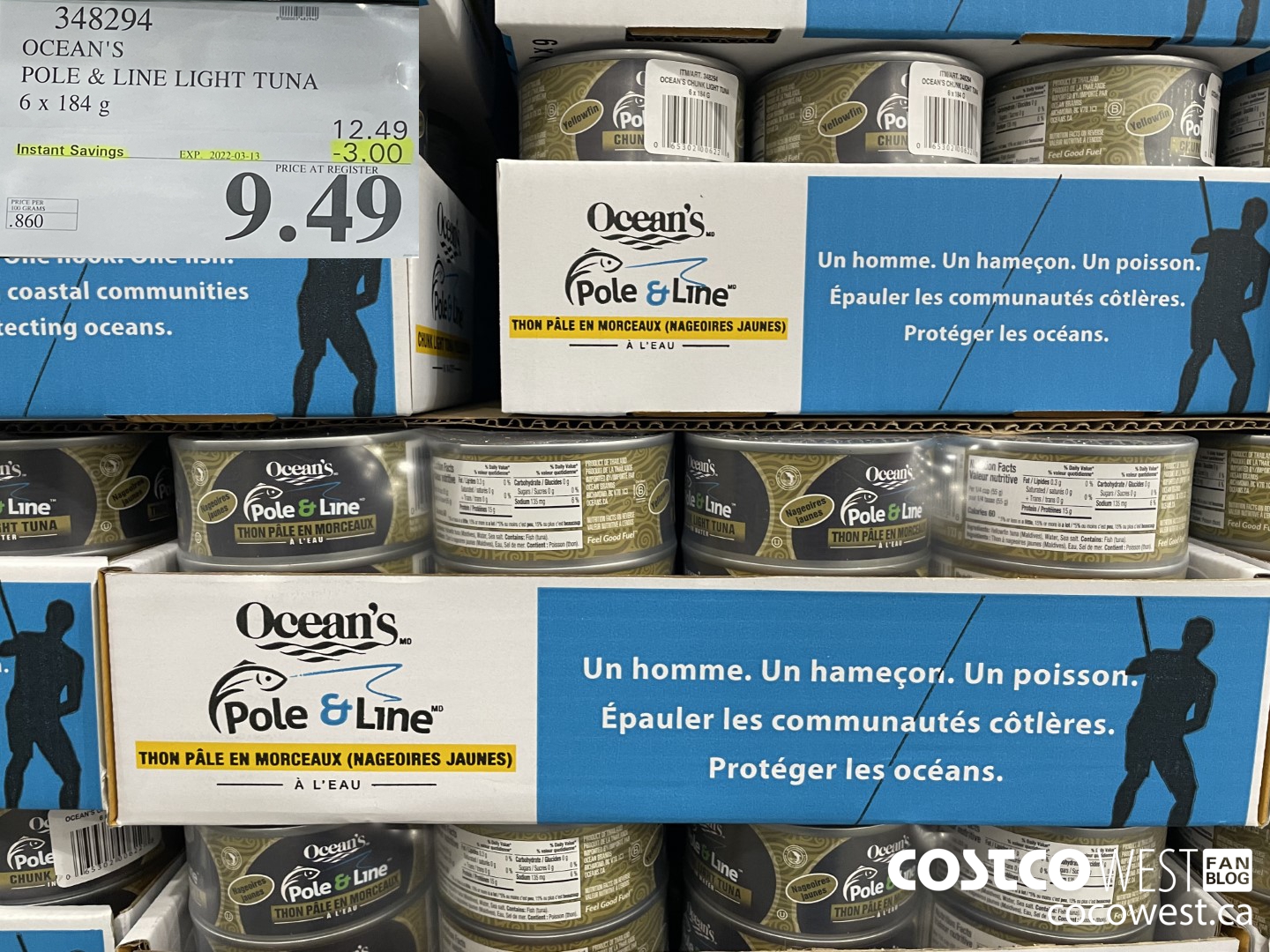 348294 OCEAN'S POLE & LINE LIGHT TUNA 6 x 184 g ($3.00 INSTANT SAVINGS EXPIRES ON 2022-03-13) $9.49