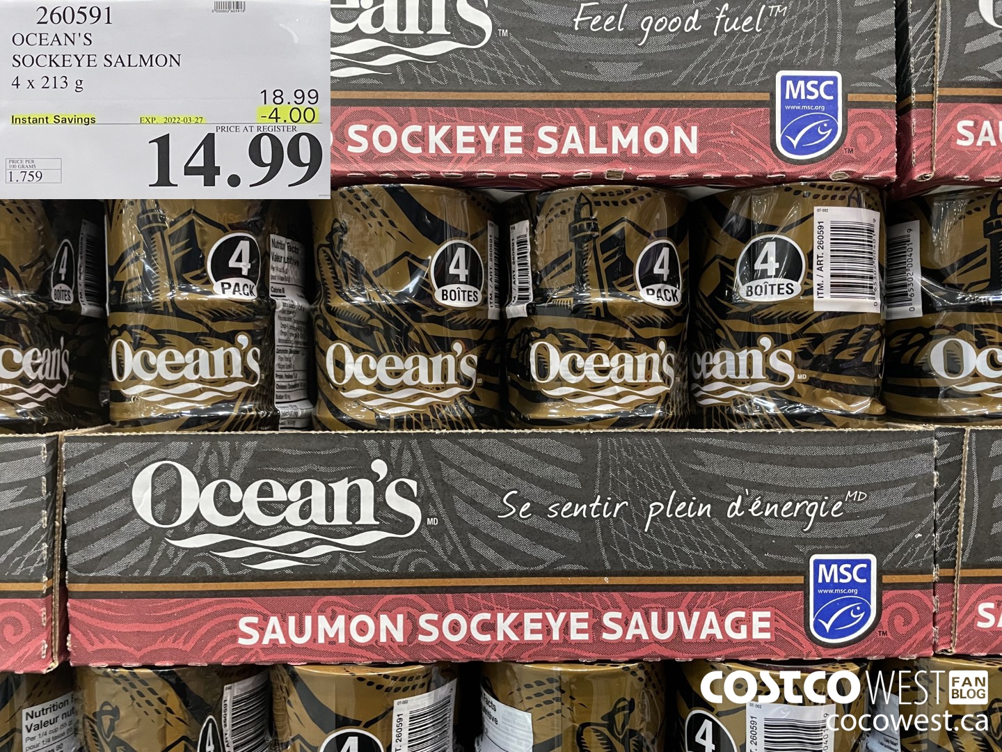 260591 OCEAN'S SOCKEYE SALMON 4 x 213 g  ($4.00 INSTANT SAVINGS EXPIRES ON 2022-03-27) $14.99