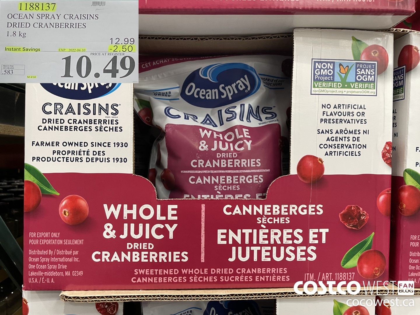 1188137 OCEAN SPRAY CRAISINS 1.8 KG ($2.50 INSTANT SAVINGS EXPIRES ON 2022-04-10) $10.49