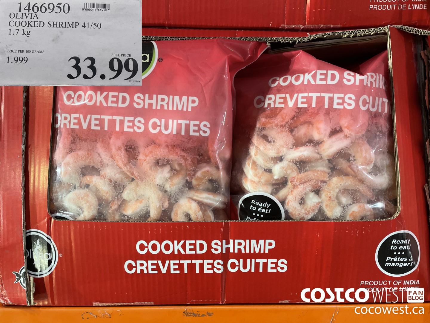 1466950 OLIVIA COOKED SHRIMP 41/50 1.7 kg $33.99