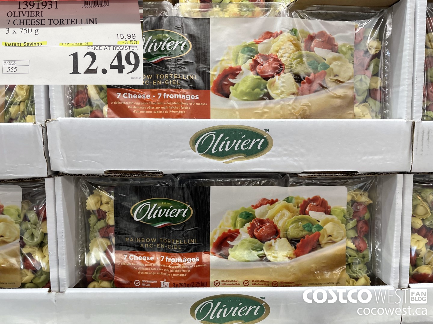 1391931 OLIVIERI 7 CHEESE TORTELLINI 3 x 750 g ($3.50 INSTANT SAVINGS EXPIRES ON 2022-04-03) $12.49