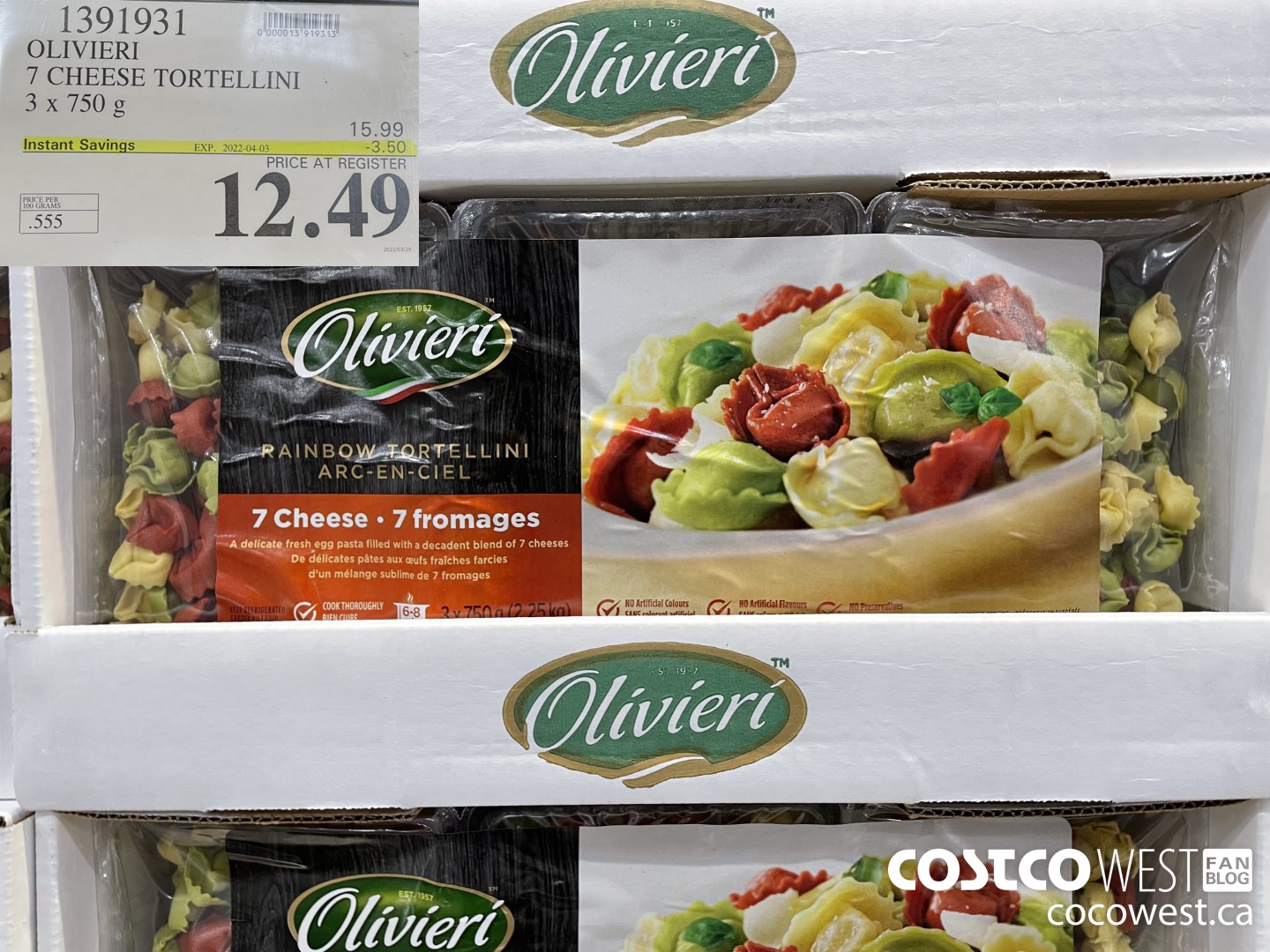 1391931 OLIVIERI 7 CHEESE TORTELLINI 3 x 750 g ($3.50 INSTANT SAVINGS EXPIRES ON 2022-04-03) $12.49